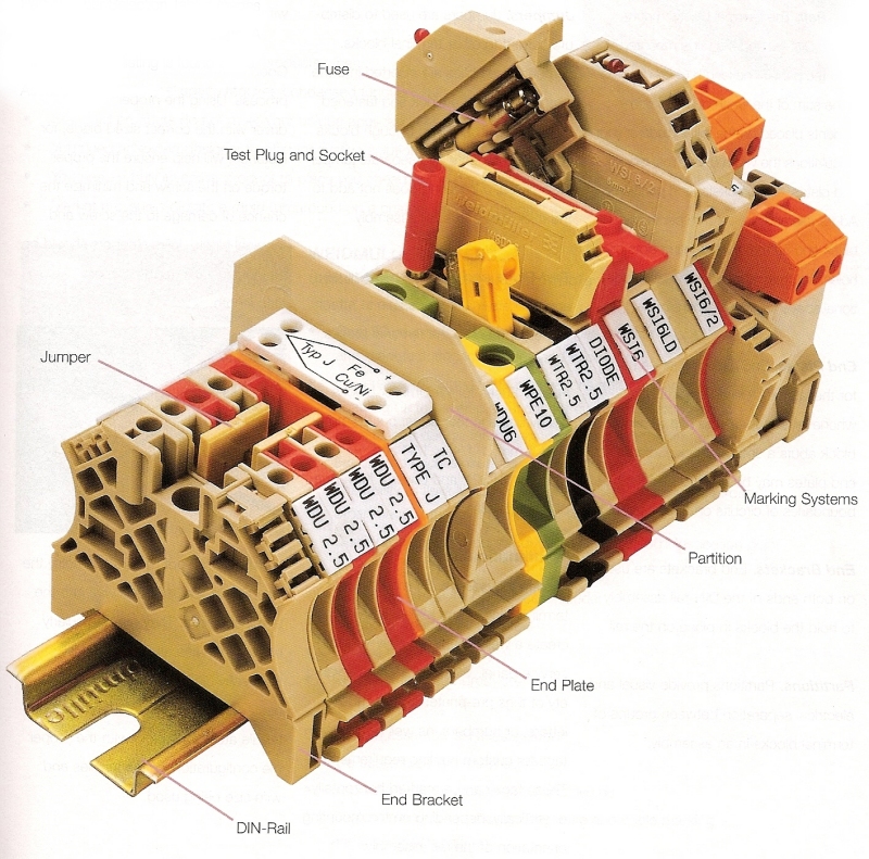 Weidmuller W-Series modular terminal blocks with cage clamp terminations - assorted terminal blocks on sample rail